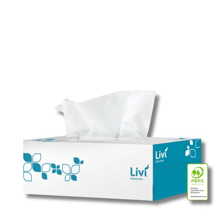 Livi Essentials Hypoallergenic Facial Tissues provide a soft, gentle touch for sensitive skin, ideal for workplaces, care facilities, and hospitality environments.