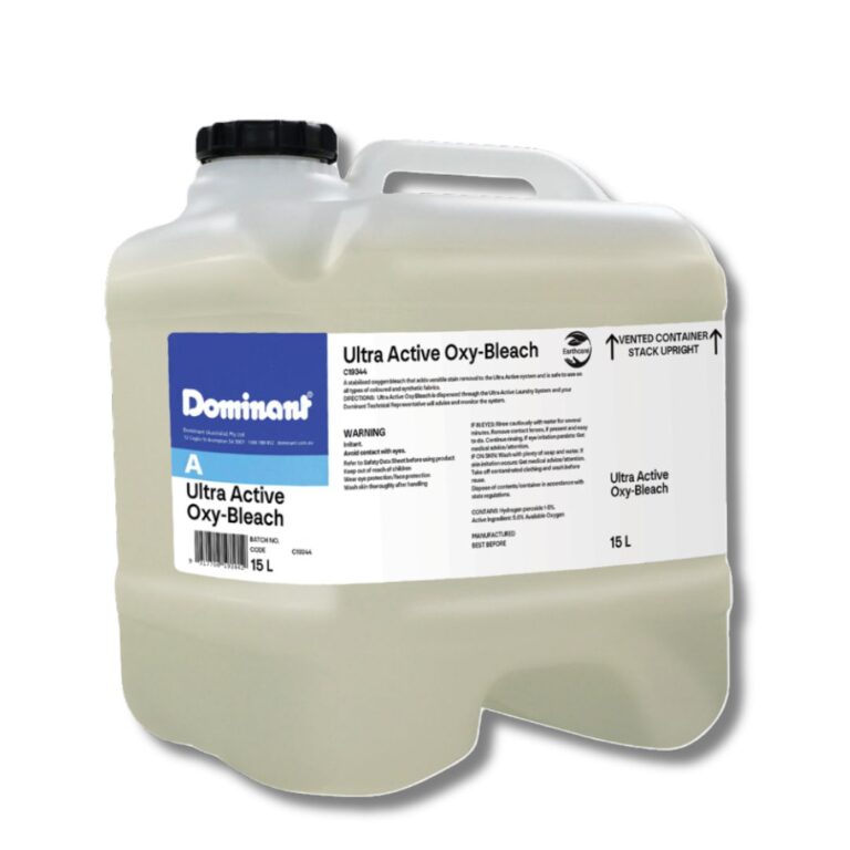 Concentrated formula with 5% available oxygen bleach Colour safe and fabric friendly Non-hazardous, non-dangerous formulation Improves the cleaning performance of all laundry detergents Cost-effective and easy to use Automatically dispensed at the correct dosage Wash discharge remains within water authority limits and is safe for septic systems Application For commercial laundry use only. Dispense through Dominant’s Ultra Active System Dispenser for accurate dosage and temperature control. For best results, use with: Ultra Active Break Ultra Active Suds Ultra Active Sour’n Soft Directions for Use Product is automatically fed to the washing machine via the Dominant Ultra Active System. Your Dominant Technical Representative will install and monitor the system for consistent performance and compliance. To Change Bottles: Wear appropriate PPE. Remove stand pipe and pick-up tube. Insert into new drum and secure. Technical Information Property Detail Fragrance No added fragrance Colour Clear Form Liquid pH Level 2.0 – 2.7 Incompatible Surfaces Safe on most surfaces but will tarnish copper and react with mild steel