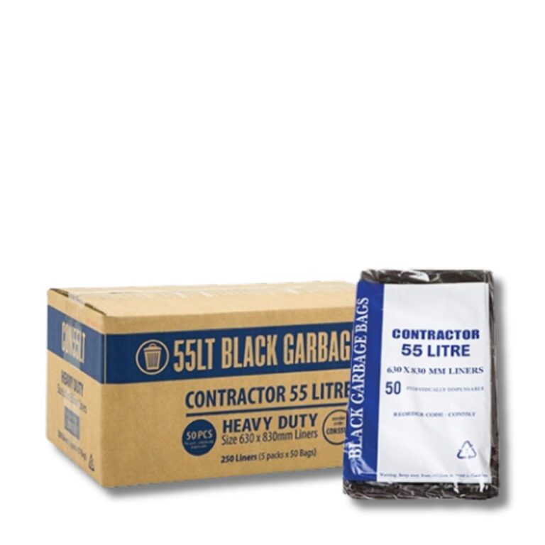 55L Contractor Black Bin Liner HDPE – CON55LT Built for strength and reliability, these 55L Contractor Black Bin Liners are ideal for commercial cleaning, domestic use, or any environment that demands durable waste management. Made from a high-quality HDPE/LDPE blend, they resist tears while providing ample capacity for everyday waste. Key Features & Benefits: • 55L capacity: Sized 830mm x 630mm to fit standard contractor bins. • Durable HDPE/LDPE blend: Tear-resistant and strong for heavier loads. • Star seal: Prevents leaks and keeps waste secure. • Easy dispense pack: Convenient, fast access with minimal handling. • Bulk packaging: 5 packs of 50 for efficiency and cost savings. • Available in black or white: Choose the colour to suit your workspace.