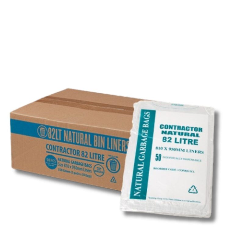 82L Contractor Natural HDPE Garbage Bags – Clear Strength (CON82LTCL) Manage waste with confidence using our 82L Contractor Natural Garbage Bags. Made from high-quality virgin HDPE, these natural (clear) liners are tough, reliable, and ideal for commercial cleaning, recycling, and environments where visibility of contents matters. Key Features & Benefits: 82L capacity: Suitable for medium to large bins in commercial and domestic use. Virgin HDPE material: Strong, lightweight, and reliable. Natural/clear finish: Perfect for recycling or compliance where waste visibility is required. Star seal base: Prevents leaks and distributes weight evenly. Easy Dispense Pack: Simple, convenient access to liners. Carton supply: 5 packs of 50 bags (250 total). A practical, durable bin liner for clear and efficient waste management.