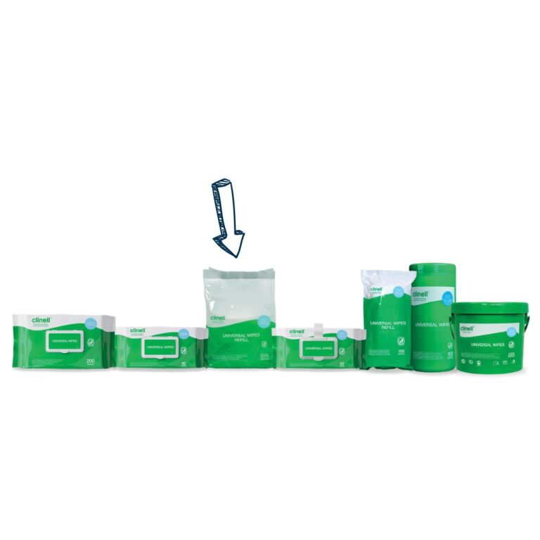 Clinell range of wipes showing the CWBUC225R 225pack refill for a tub