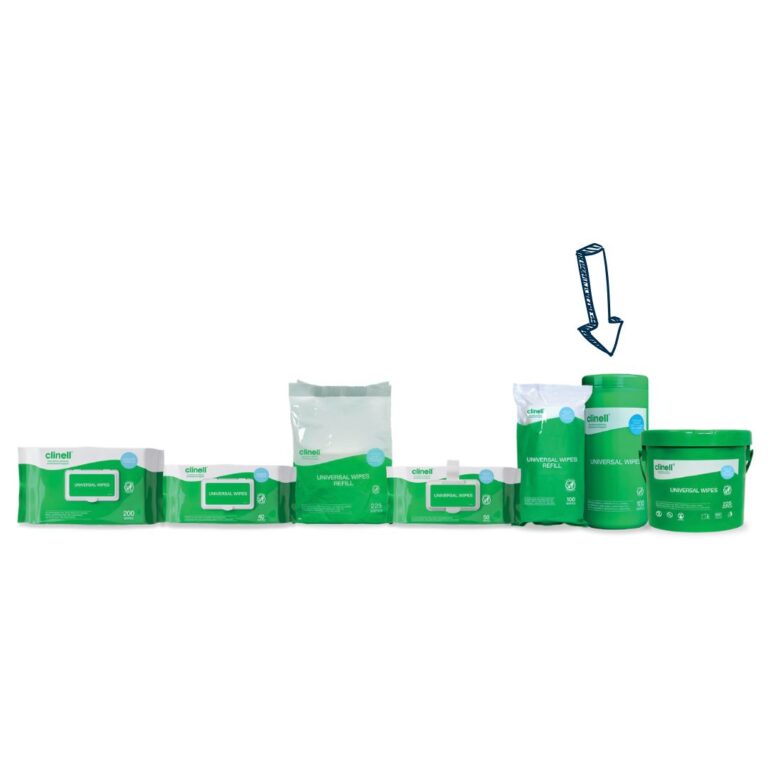 Clinell Wipes range showing the CWTUB100 tub packet