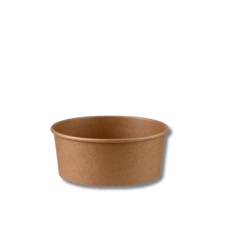 raft Salad Bowl with PLA Coating | 32oz | 300pcs/ctn Dimensions: 150 x 128 x 77mm | Colour: Brown Designed for fast-paced food service, the 32oz Kraft Salad Bowl combines durability with a clean, functional finish. Made from paper with a PLA lining, it’s ideal for salads, yoghurt, noodles, and curry, providing reliable performance for both hot and cold foods. Product Features: Material: Paper with PLA coating — sturdy and moisture-resistant Suitable for hot & cold foods (not for microwaving, oven reheating, or long-term refrigeration) Stackable design for easy storage and efficient service Matching lids available: PET, PLA, paper, and PP options Carton quantity: 300 pcs (6 bags per carton) Practical, durable, and convenient — perfect for cafes, catering, and takeaway service.