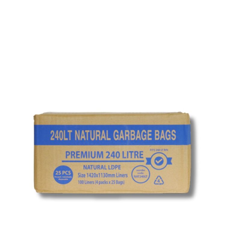 240L Premium Clear Natural Garbage Bags Keep waste management transparent, safe, and reliable with these 240L Premium Clear Natural Garbage Bags. Made from high-quality virgin LDPE, they combine strength, stretch, and food-safe construction, making them ideal for recycling, commercial kitchens, and any environment where visibility of contents matters. Key Features & Benefits: 240L capacity: Large size for high-volume bins, with ample room for fold-over. Premium LDPE material: Super durable, flexible, and tear-resistant. Food-safe and hygienic: Suitable for handling food waste and compliant environments. Clear finish: Perfect for recycling or situations where contents need to be visible. Individually dispensable: Easy to grab and use from the pack. Convenient packaging: 4 packs of 25 bags per carton for efficient storage and use.