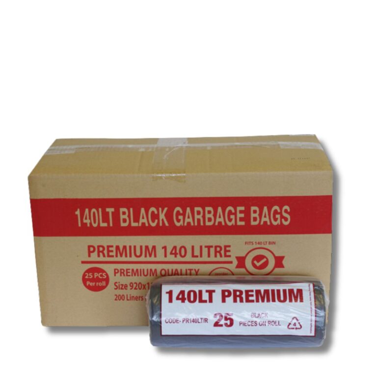140L Premium Black Garbage Bags – Heavy Duty Strength Get reliable strength and capacity with our 140L Premium Black Garbage Bags. Made from high-quality recycled LDPE, these liners are built to handle heavy loads with excellent stretch and tear resistance. Easy to open and use, they’re ideal for commercial, hospitality, and industrial environments where durability matters most. Supplied on a roll without a core, they can be easily mounted on a janitorial trolley. This makes them ideal for fast, efficient servicing of multiple bins.