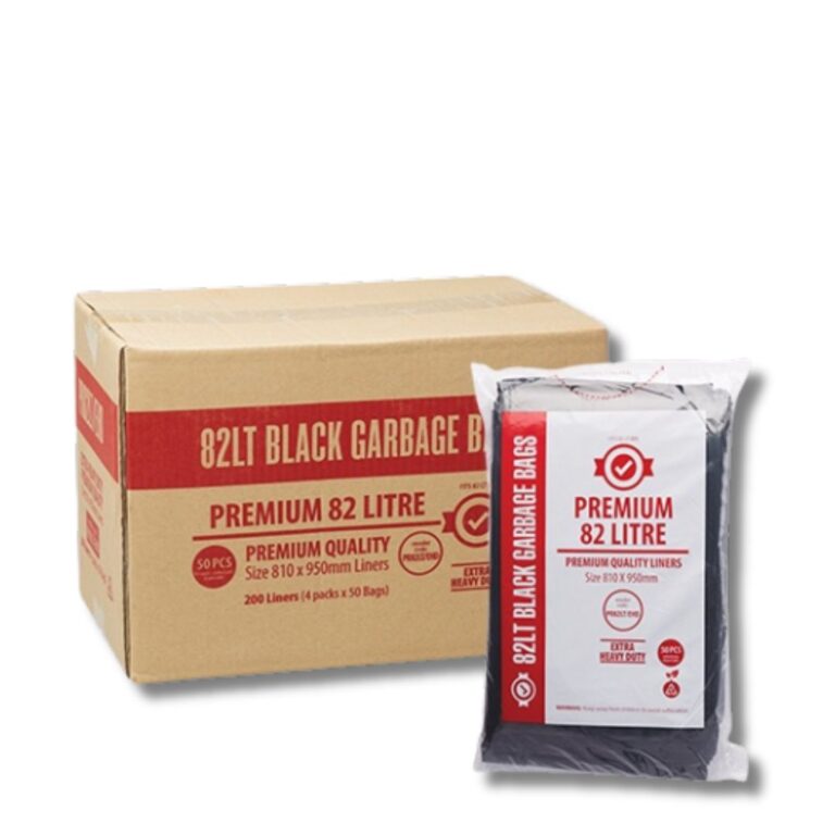 82L Premium Black Garbage Bags – Extra Heavy Duty 40um (PR82EHD) Take on tough waste jobs with these 82L Premium Extra Heavy Duty Garbage Bags. Made from high-quality recycled LDPE, they’re built for strength, tear resistance, and durability, making them the reliable choice for heavier loads in commercial, hospitality, and industrial settings. Key Features & Benefits: 82L capacity: Perfect fit for medium-to-large bins. Extra heavy duty 40um: Stronger thickness for secure disposal of heavy or sharp waste. Premium LDPE material: Stretchy, tear-resistant, and durable. 100% recycled: Environmentally responsible without compromising strength. Individually dispensable: Easy to grab and use – no roll required. Star seal base: Prevents leaks and improves load distribution. Carton convenience: 4 packs of 50 bags (200 total).