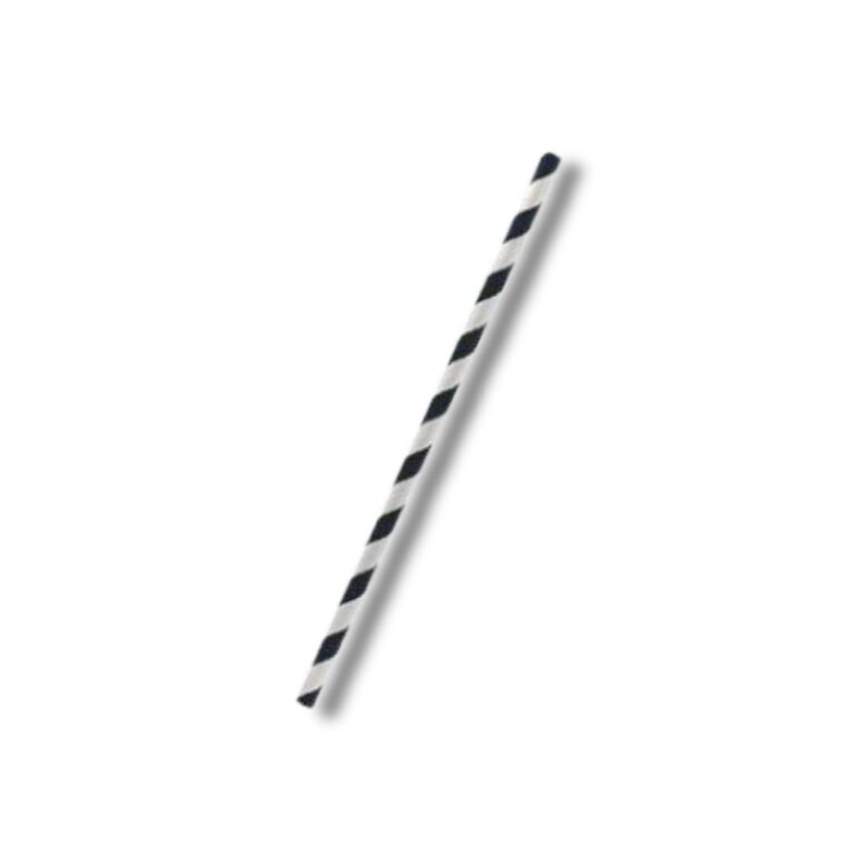 Paper Straw Cocktail Black Stripe | 2500pcs/ctn Bring a classic, eye-catching twist to your beverages with black and white striped 3-ply paper straws. Perfect for cocktails, juices, and smaller cold drinks, these straws offer reliable performance while adding a stylish touch to your drink presentation. Each carton comes in a shelf-ready retail dispenser box for easy storage and access — ideal for bars, cafés, and event venues. Features: 3-ply paper construction for durability in cold beverages Compact 120mm length ideal for cocktails and short glasses Bold black and white stripe design for a timeless look Made from FSC® certified paper – responsibly sourced and eco-friendly Packaged in a retail-ready dispenser box for convenience and display Specifications: Material: Paper Colour: Black & White Dimensions: 5 × 120mm Pack: 2500pcs/ctn (10 bags × 250pcs)