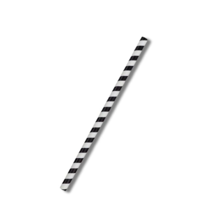 Paper Straw Jumbo Black Stripe | 2500pcs/ctn Perfect for thick shakes, smoothies, and iced drinks, our Black Stripe Jumbo 3-ply Paper Straws combine durability with style. Ideal for cafés, bars, and hospitality venues, these straws are designed to handle thicker beverages without bending or collapsing. Made from FSC® MIX certified paper, they are responsibly sourced and packaged in a shelf-ready retail dispenser box for easy use in fast-paced environments. Features: Wider design for thick shakes, smoothies, and iced beverages Strong 3-ply paper construction for durability Stylish black stripe design for an elegant presentation FSC® certified paper from responsible sources Packaged in a shelf-ready retail dispenser box Specifications: Material: Paper Colour: Black Stripe Dimensions: 10 × 200 mm Units per carton: 2500 pcs (10 × 250)