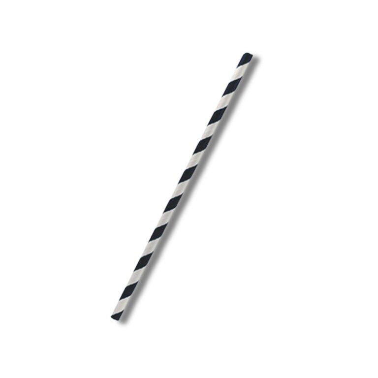 Paper Straw Regular Black Stripe | 2500pcs/ctn Add a touch of classic style to your cold drinks with our Black Stripe Regular 3-ply Paper Straws. Designed for soft drinks, juices, and iced beverages, these straws offer durability and a striking striped design perfect for cafés, bars, and catering events. Made from FSC® MIX certified paper, they’re responsibly sourced and packaged in a shelf-ready retail dispenser box for easy use in busy hospitality environments. Features: Ideal for soft drinks, juices, and iced beverages Strong 3-ply paper construction Eye-catching black stripe design FSC® certified paper from responsible sources Convenient shelf-ready dispenser box Specifications: Material: Paper Colour: Black and White Stripe Dimensions: 6 × 197 mm Units per carton: 2500 pcs (10 × 250)