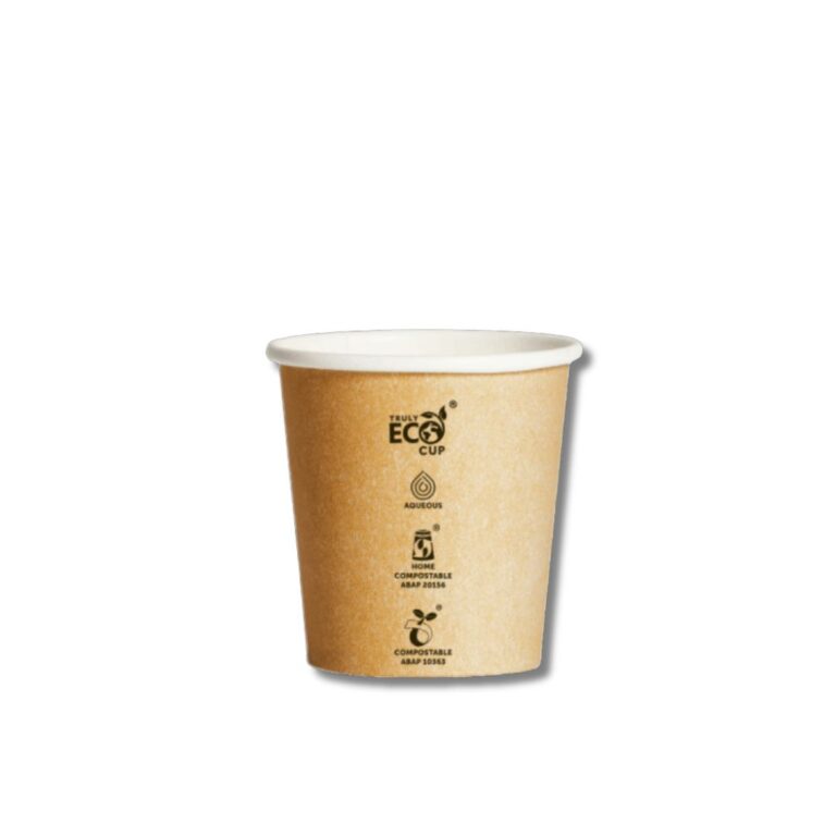 Kraft Eco Coffee Cup Single Wall 4oz | 1000pcs Our Truly Eco® 4oz coffee cups are crafted with an innovative aqueous coating, not traditional PE or PLA. This unique material provides the same moisture barrier as conventional cups while showcasing our commitment to a more sustainable future. Features & Benefits: Eco-conscious design: Aqueous coating reduces reliance on fossil-fuel plastics Durable and practical: Single-wall construction ideal for hot drinks Versatile: Suitable for coffee, tea, and other hot beverages Compatible lids available separately for a secure fit Specifications: Material: Kraft paper with aqueous coating Size: 4oz (perfect for espresso, tastings, or small serves) Carton quantity: 1000 pcs Usage: Hot beverages, microwavable, freezer-safe, and recyclable in a clean or single-stream recycling system Certifications: Recyclable* (*in clean or single-stream facilities)