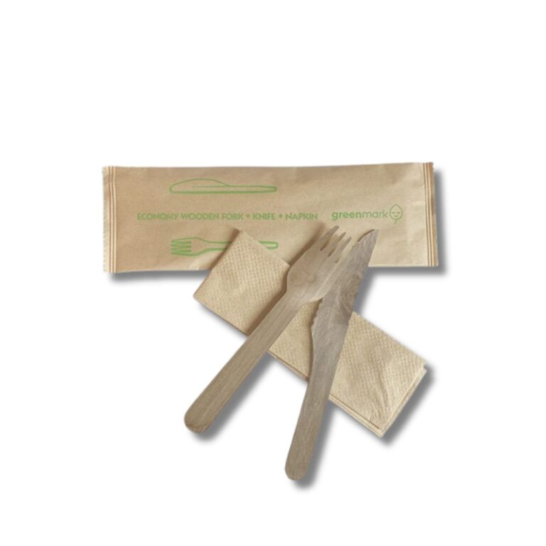Economy 6" Fork Knife Napkin Cutlery Set 400pc/ctn Make takeaway simple and stylish with this 6" wooden cutlery set. Each set includes a fork, knife, and natural-colour paper napkin, wrapped for hygienic handling. Perfect for outdoor events, food trucks, picnics, or quick meals where you want to serve your customers efficiently and cut down on washing up. Key benefits: Complete set: fork, knife, and napkin ready to use Individually wrapped for hygiene Natural wood and paper for a clean, rustic look Ideal for takeaway, outdoor dining, and on-the-go meals Specs: Colour: Natural Material: Wood + Paper Dimensions: 216 x 60mm Carton: 400pcs (8 bags x 50pcs)