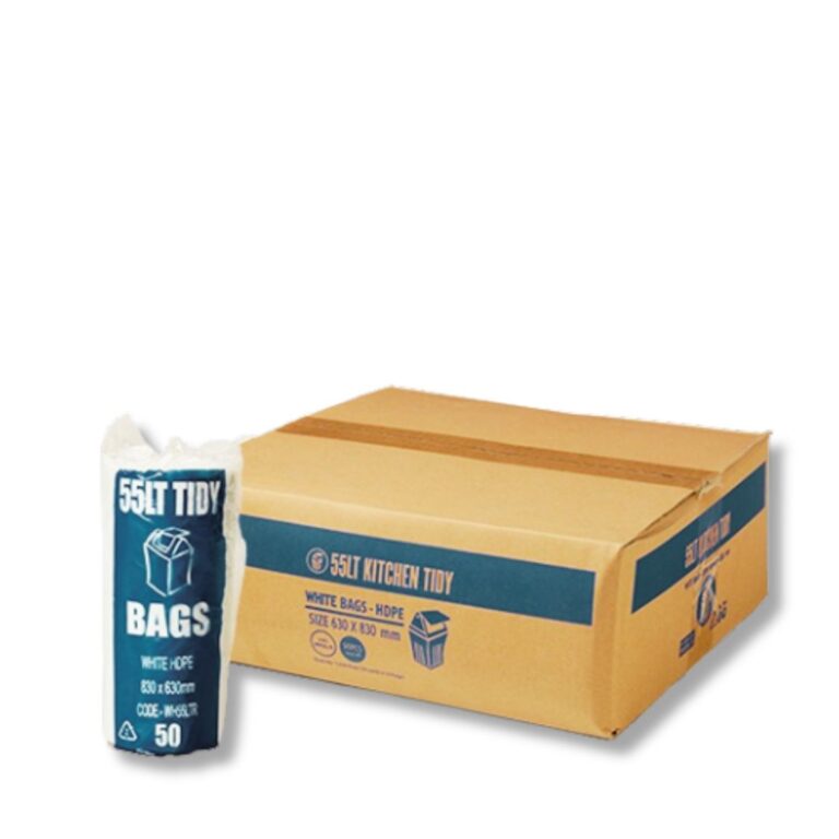 55L Contractor White Kitchen Tidy Bin Liner – HDPE Built tough for everyday waste management, our 55L Contractor White Bin Liners are made from high-quality virgin HDPE for strength and reliability. Designed to fit standard 55L bins, they feature a star seal base for superior leak resistance and even weight distribution.